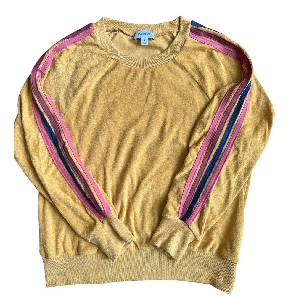 Evereve Sweatshirt Women Small Yellow Terry Knit Sporty Stripe Raglan Pullover